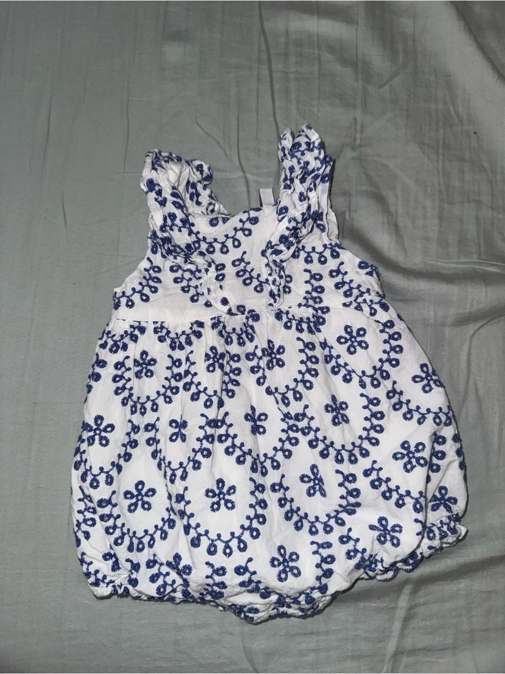 Janie and Jack Baby Girl Blue & White Embroidered Eyelet Bubble Romper 3-6 Month